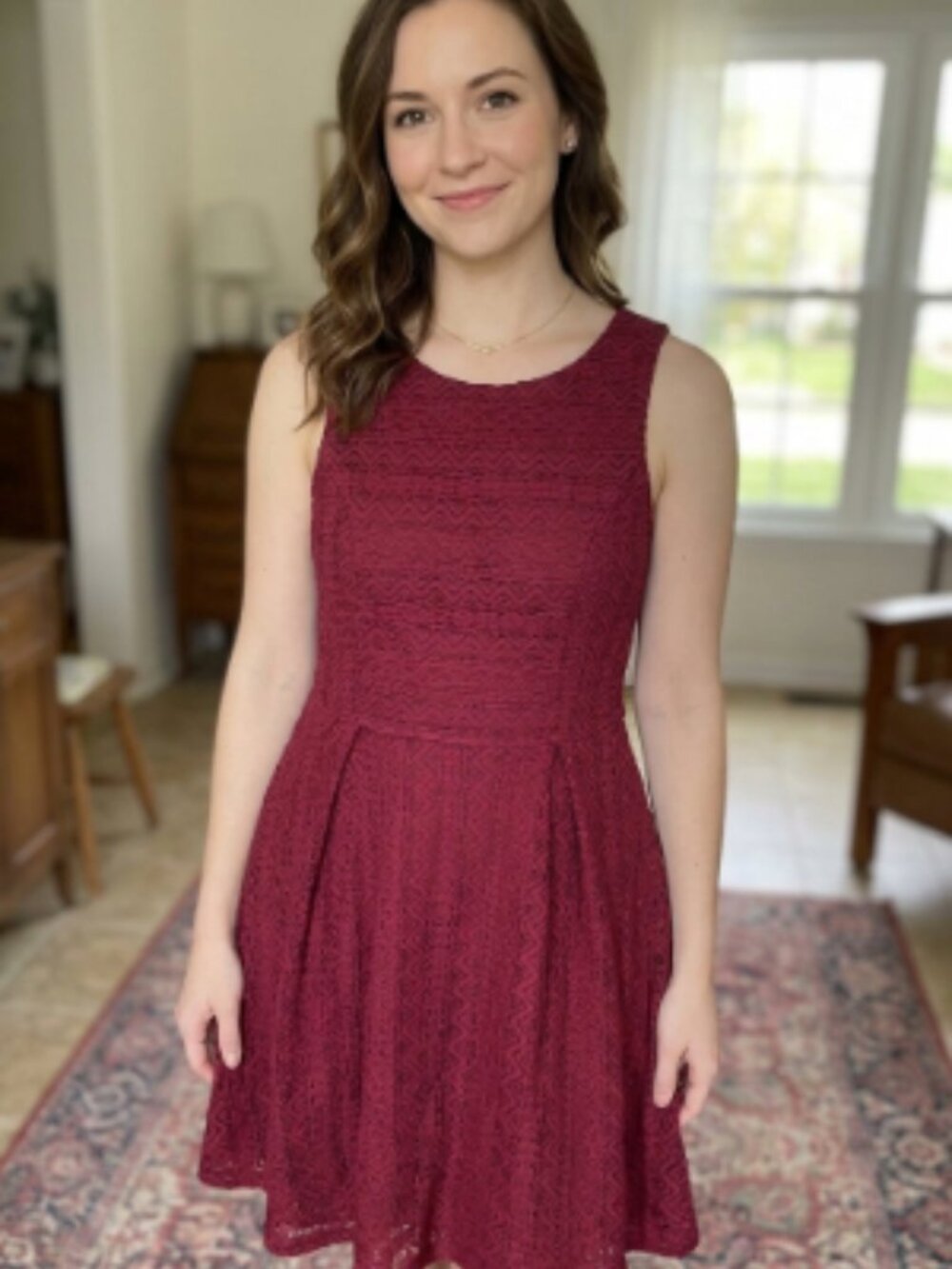 Monteau Burgundy Lace Fit & Flare Cocktail Dress - Size M